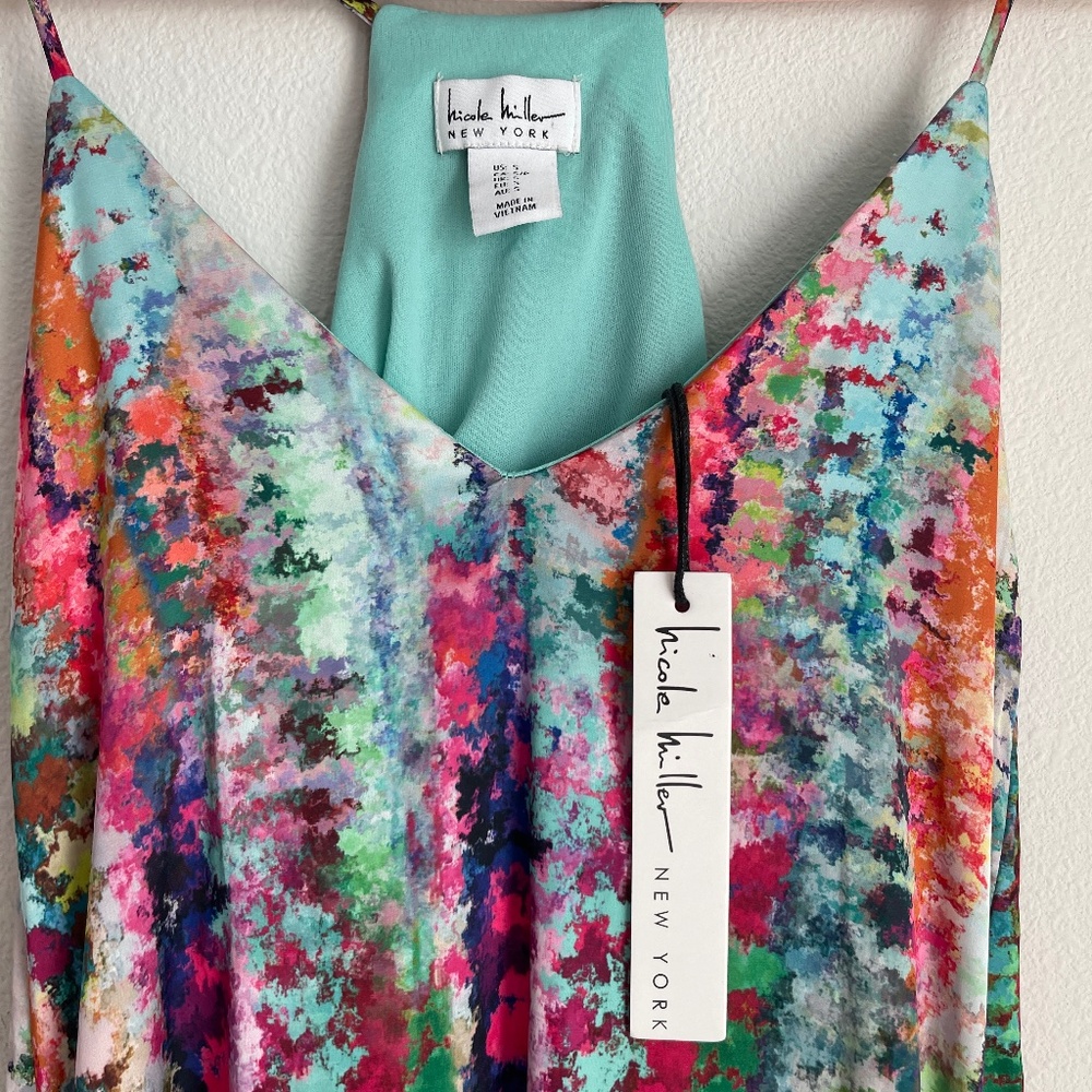 NWT Nicole Miller New York Satin Abstract Waterfall Maxi Slip Party Dress